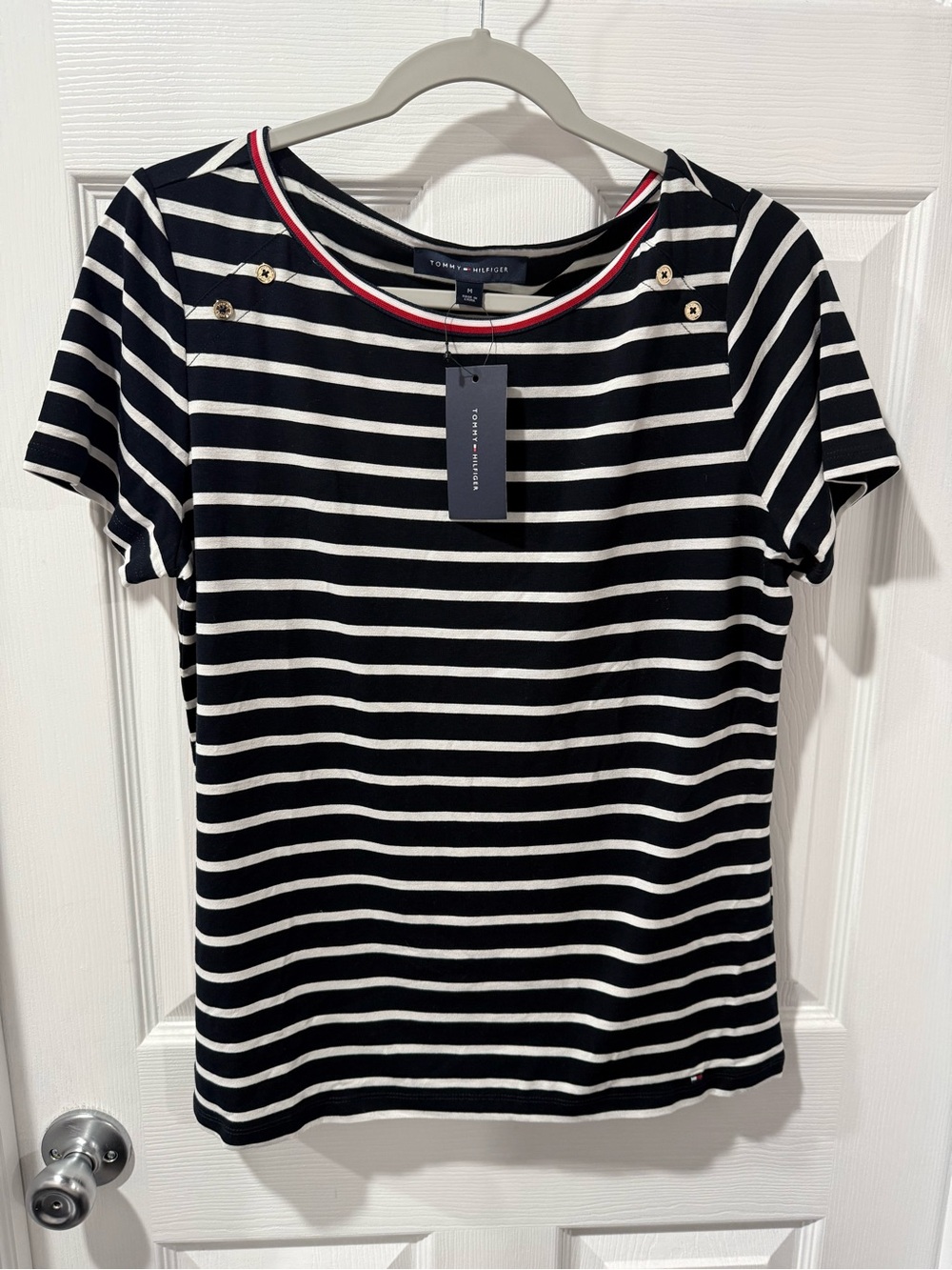 Tommy Hilfiger Navy & White Striped Short Sleeve Crew Top with Gold Buttons